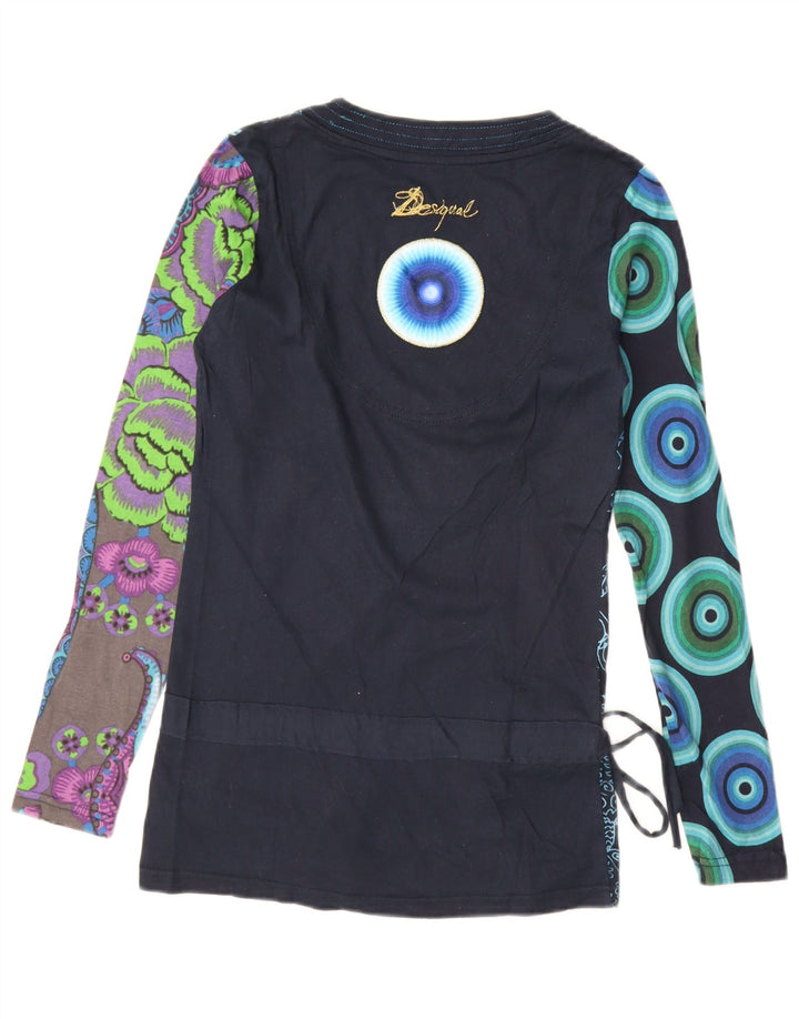 Desigual Mujer Gráfico Top Manga Larga Reino Unido 10 Pequeño Azul Marino