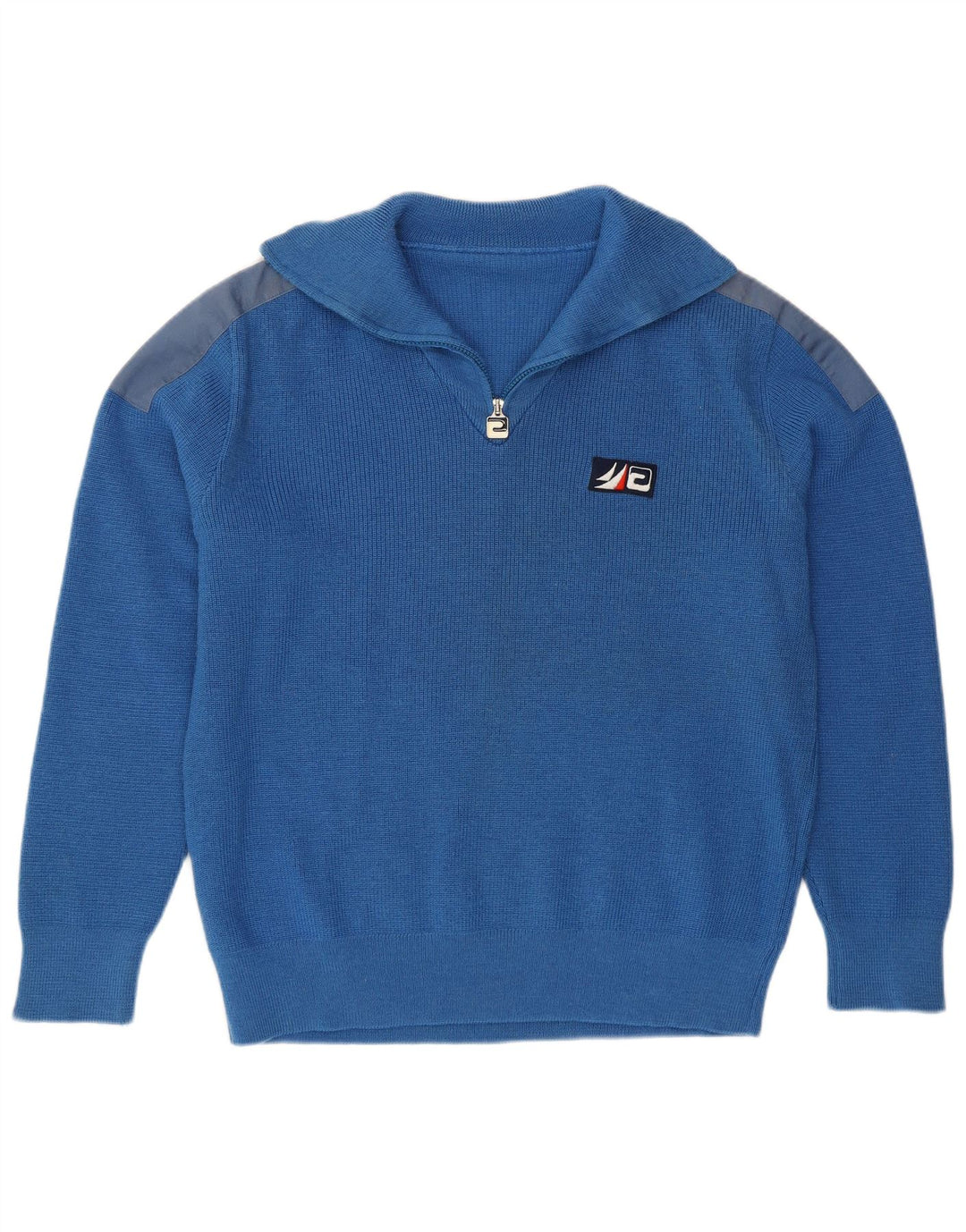 Vintage hombres zip cuello jersey suéter grande azul colorblock