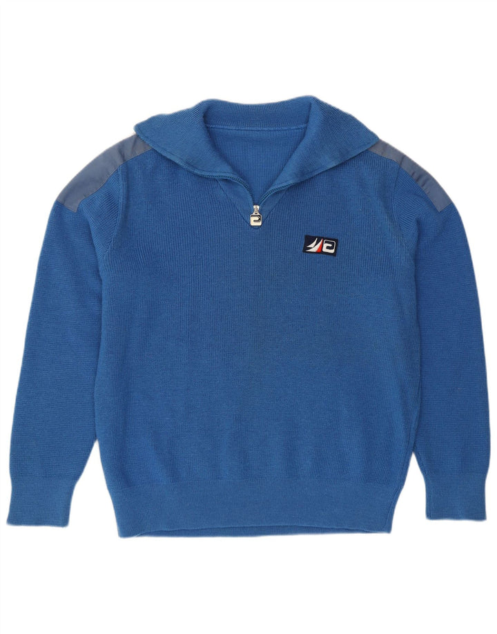 Vintage hombres zip cuello jersey suéter grande azul colorblock