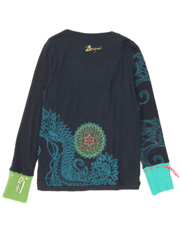 Desigual Mujer Gráfico Top Manga Larga UK 18 XL Azul Marino Floral Algodón