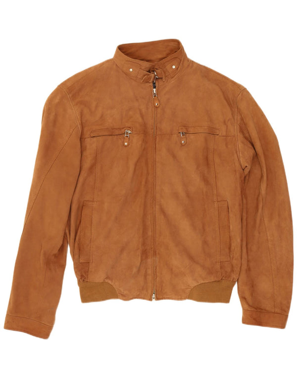 Vintage hombres Zip ante bomber chaqueta Reino Unido 38 cuero marrón medio