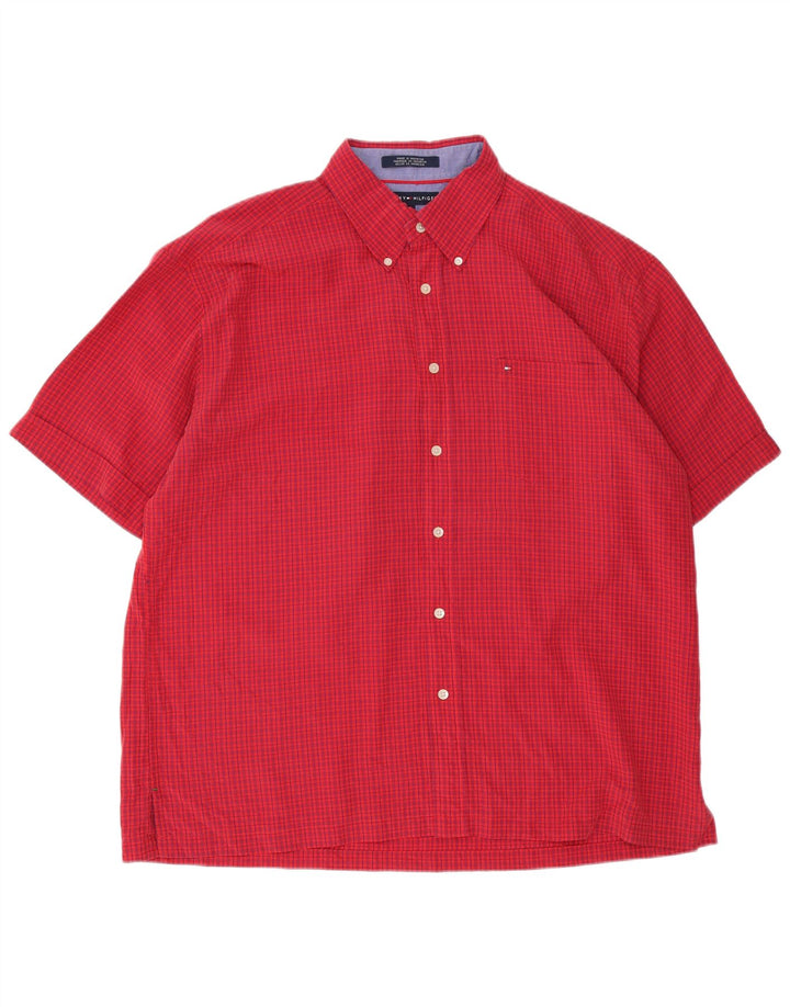 Tommy Hilfiger Camisa de manga corta para hombre XL Rayón de cuadros rojos