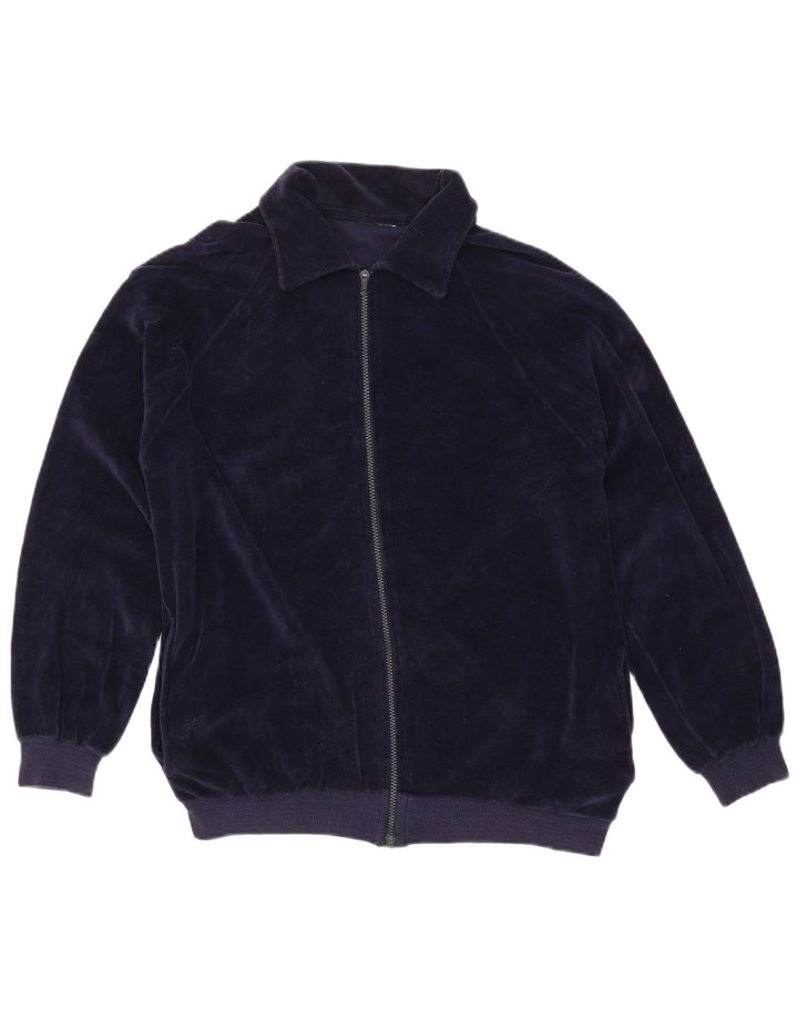 VINTAGE Mujer Chándal Top Chaqueta Reino Unido 16 Algodón Azul Marino Grande