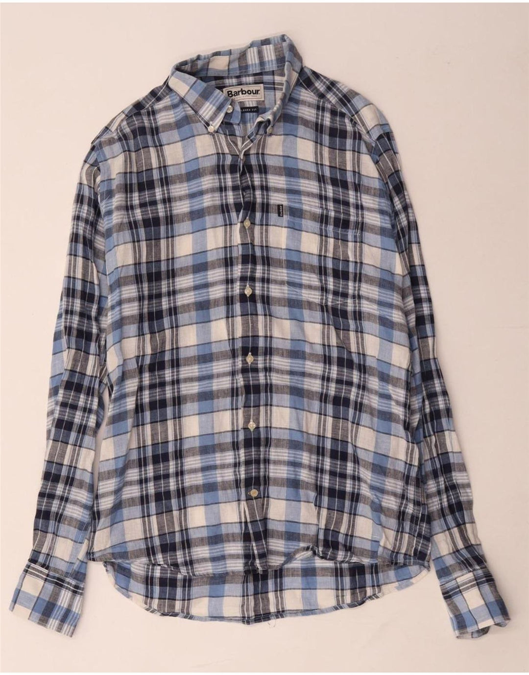 BARBOUR Camisa entallada de hombre de lino a cuadros azul medio