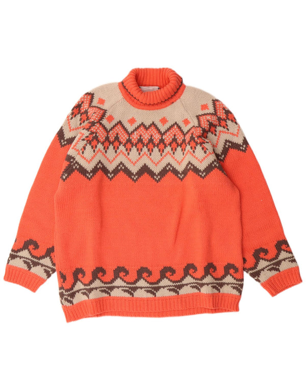 Kaos Suéter tipo jersey con cuello alto para mujer UK 46 Large Orange Fair Isle