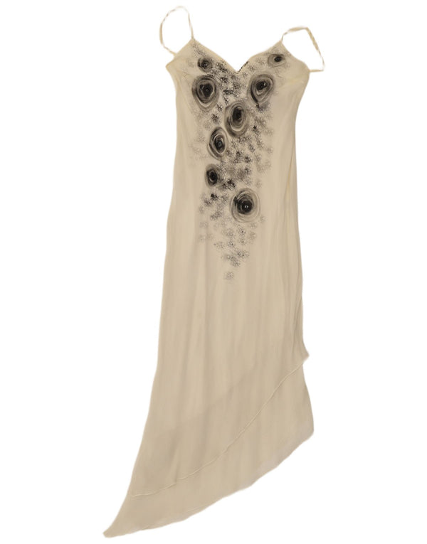 Vintage mujer asimétrica maxi vestido Reino Unido 12 medio apagado blanco floral
