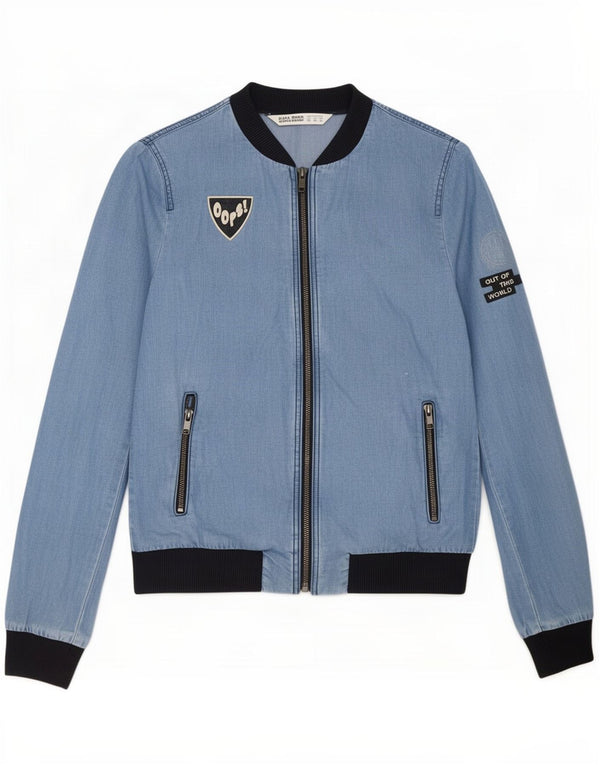 Zara Womens Graphic Bomber Jacket UK 6 XS Blue Colourblock Lyocell