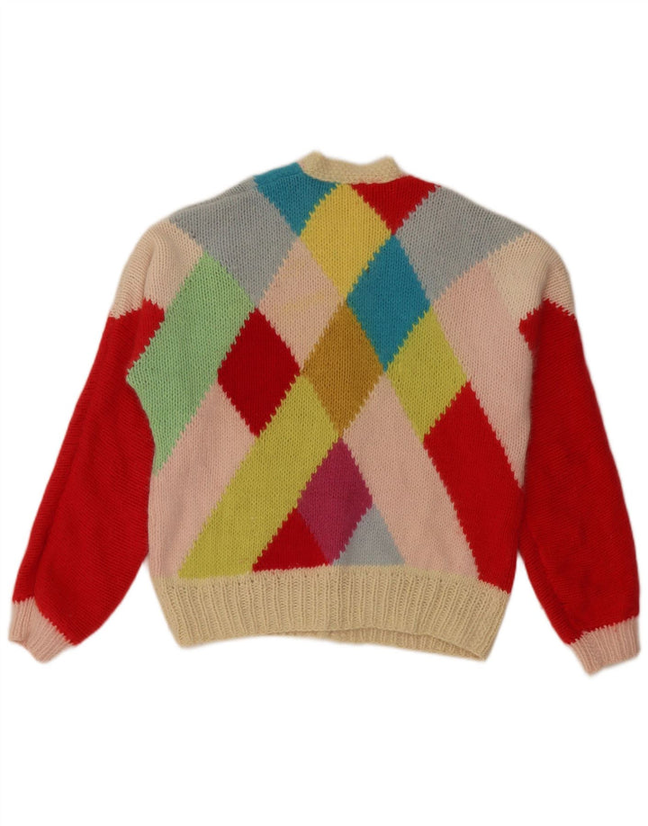 VINTAGE Mujer Cardigan Suéter Reino Unido 14 Grande Multicolor Argyle/Diamante