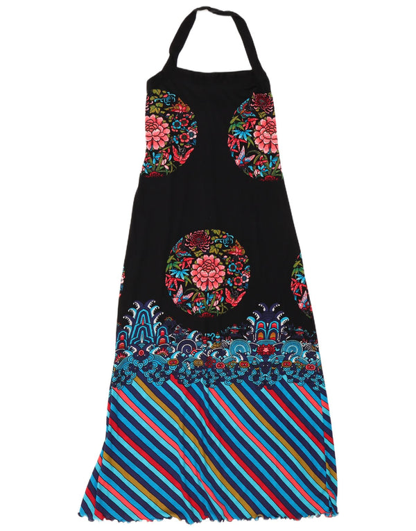 Vintage mujer Maxi Halter vestido Reino Unido 10 pequeño negro floral