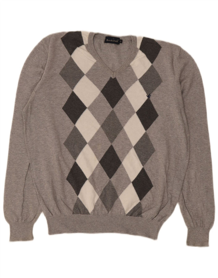 Brooksfield Jersey con Cuello en V para Hombre IT 50 Gris Medio Argyle/Diamante