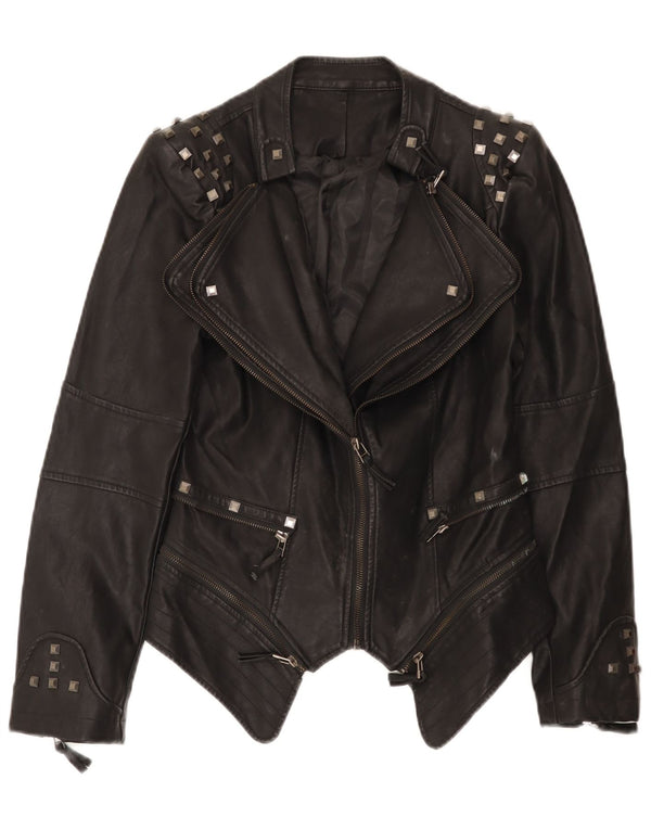 Vintage mujer cuero biker chaqueta Reino Unido 10 pequeño negro