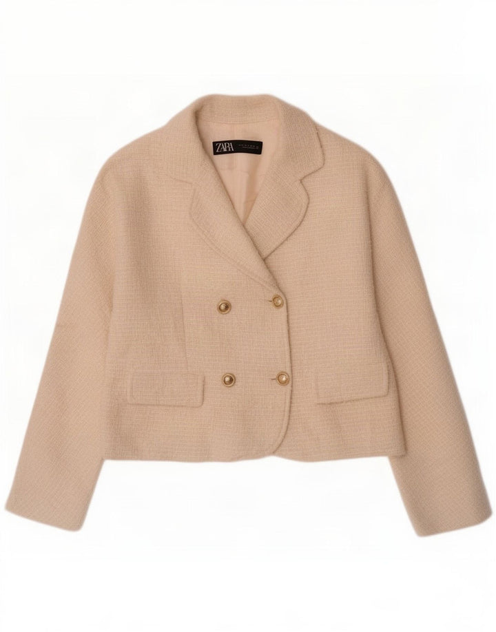 Zara Chaqueta Blazer De Doble Botonadura para Mujer UK 12 Mediano Blanco Roto Poliéster