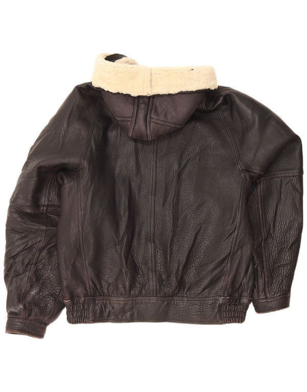 Vintage hombres chaqueta de cuero con capucha Reino Unido 42 XL negro