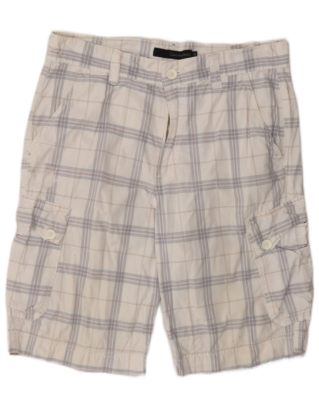 CALVIN KLEIN Shorts cargo para hombre W32 Algodón a cuadros blanco mediano