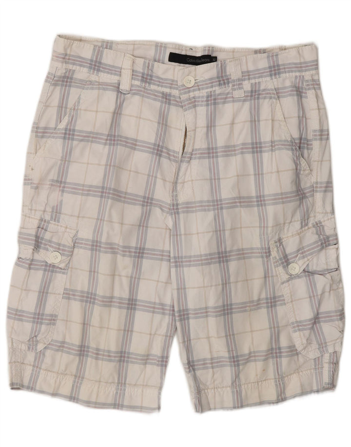 CALVIN KLEIN Shorts cargo para hombre W32 Algodón a cuadros blanco mediano