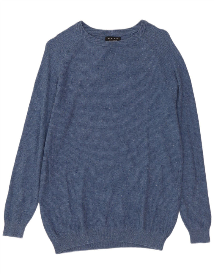 ZARA Hombre Jersey Cuello Barco Poliéster Moteado Azul Medio