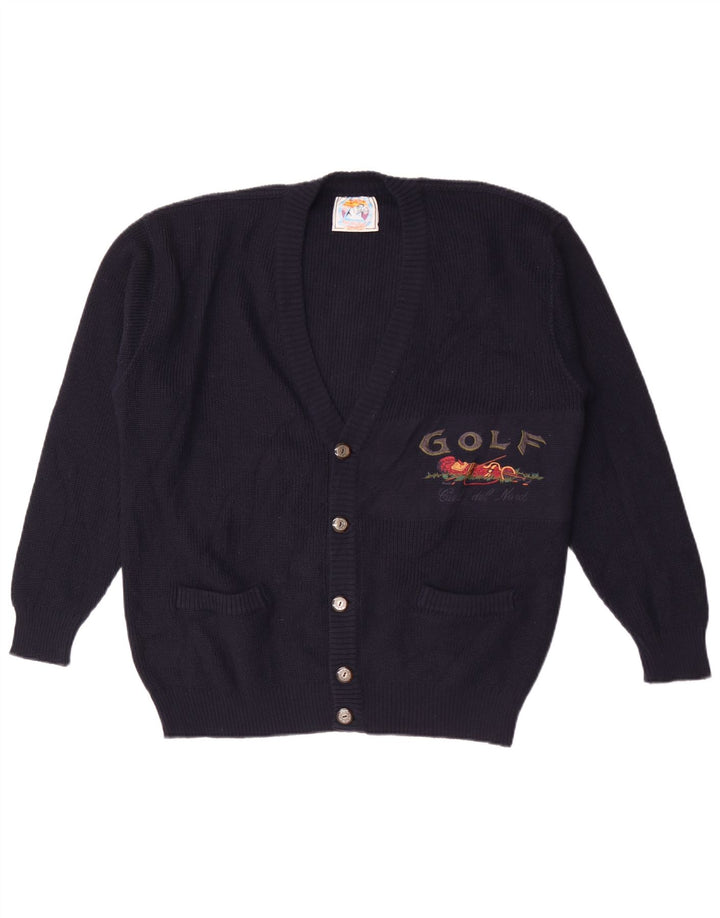 Vintage hombres gráfico cardigan suéter grande azul marino lana