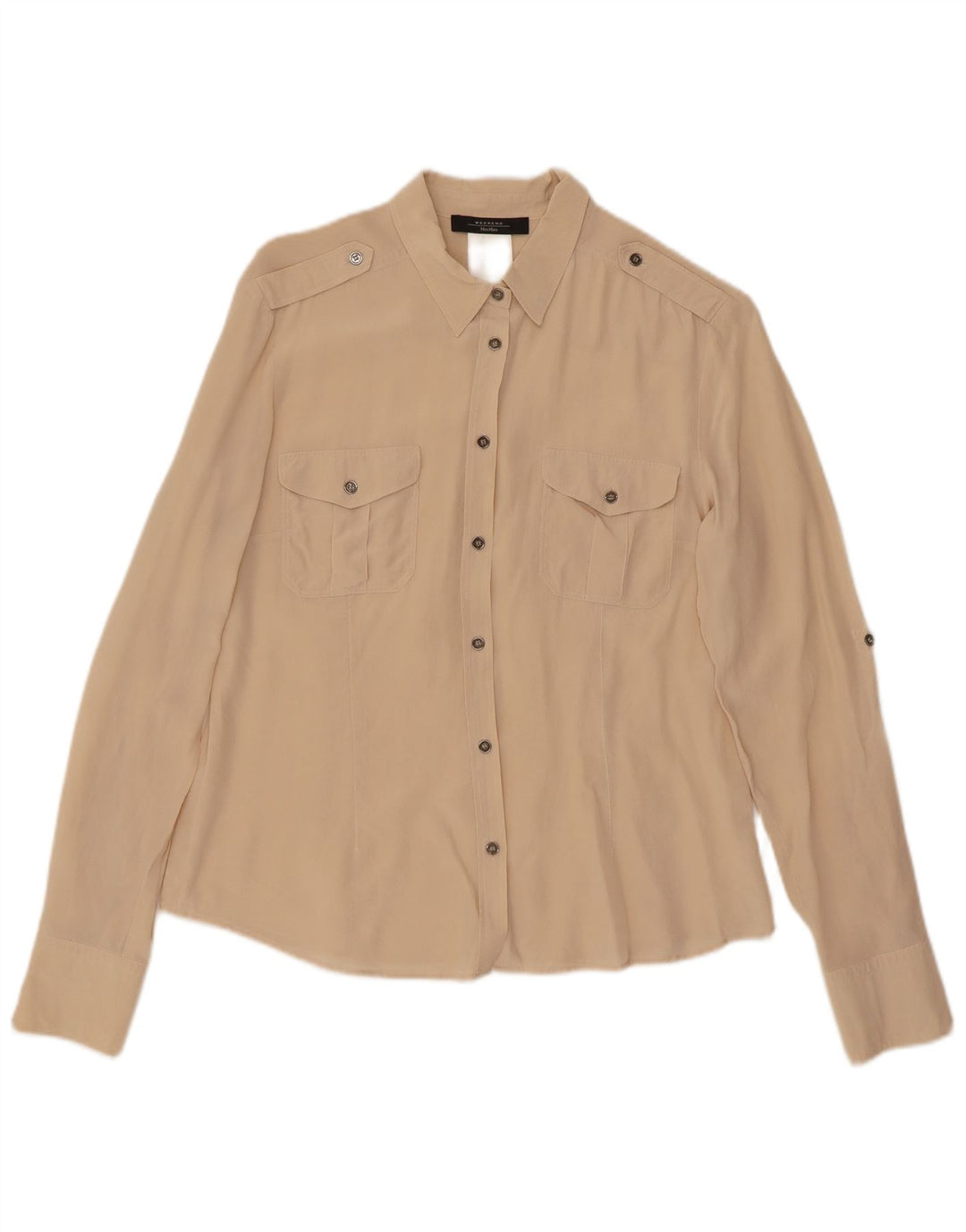 Max Mara Mujer Camisa Militar De Manga Larga Grande Seda Beige
