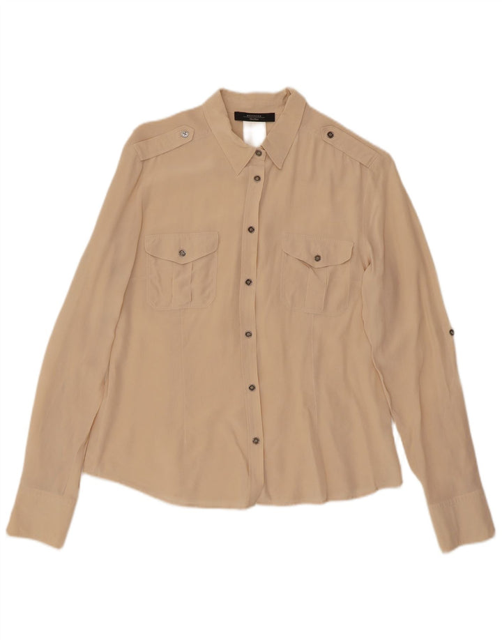 Max Mara Mujer Camisa Militar De Manga Larga Grande Seda Beige