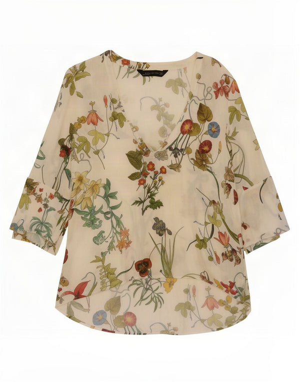 Zara Top tipo túnica de manga 3/4 para mujer UK 6 XS Viscosa floral blanca