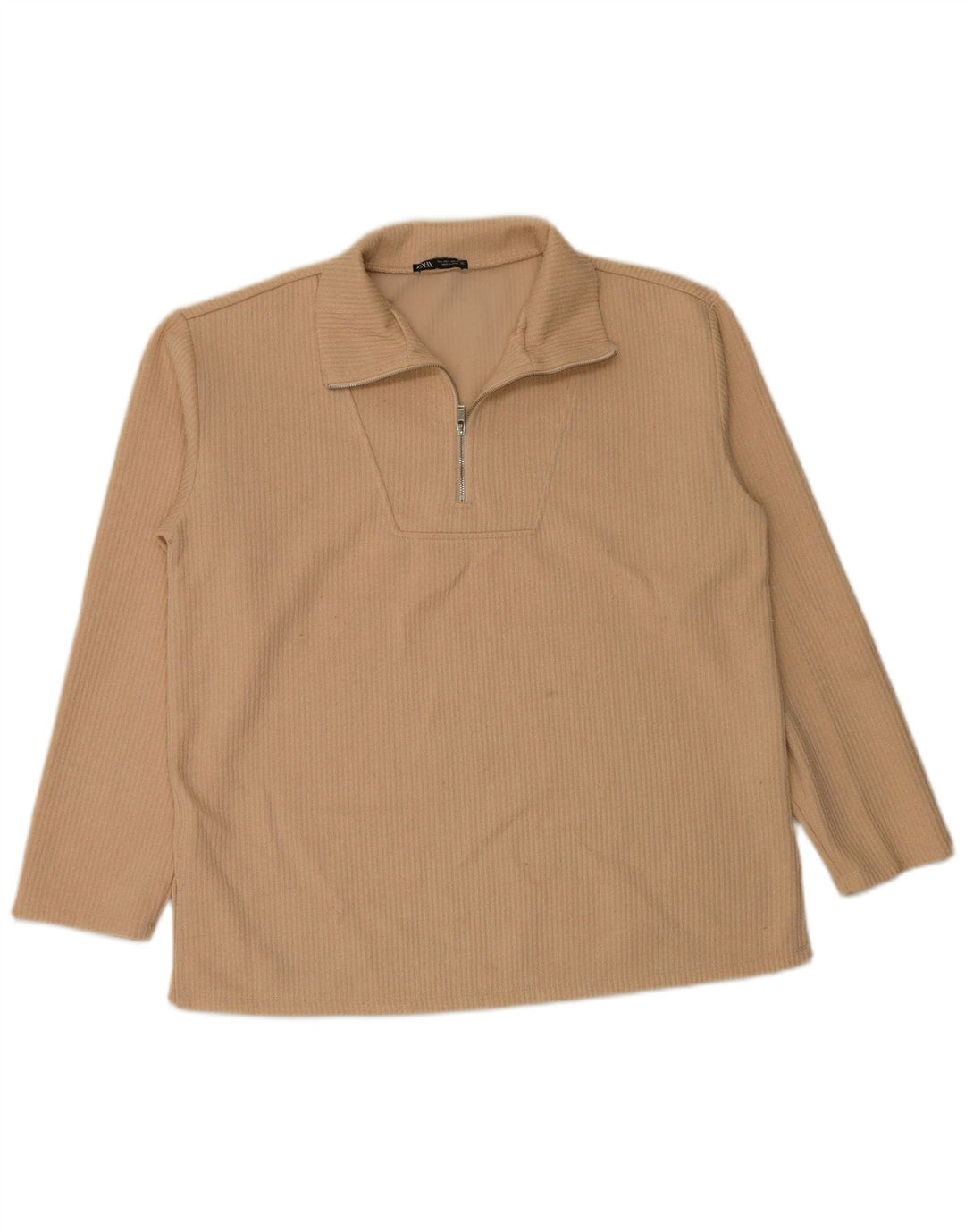 Zara Mujer Top con cuello con cremallera Manga larga UK 46 Grande Poliéster beige