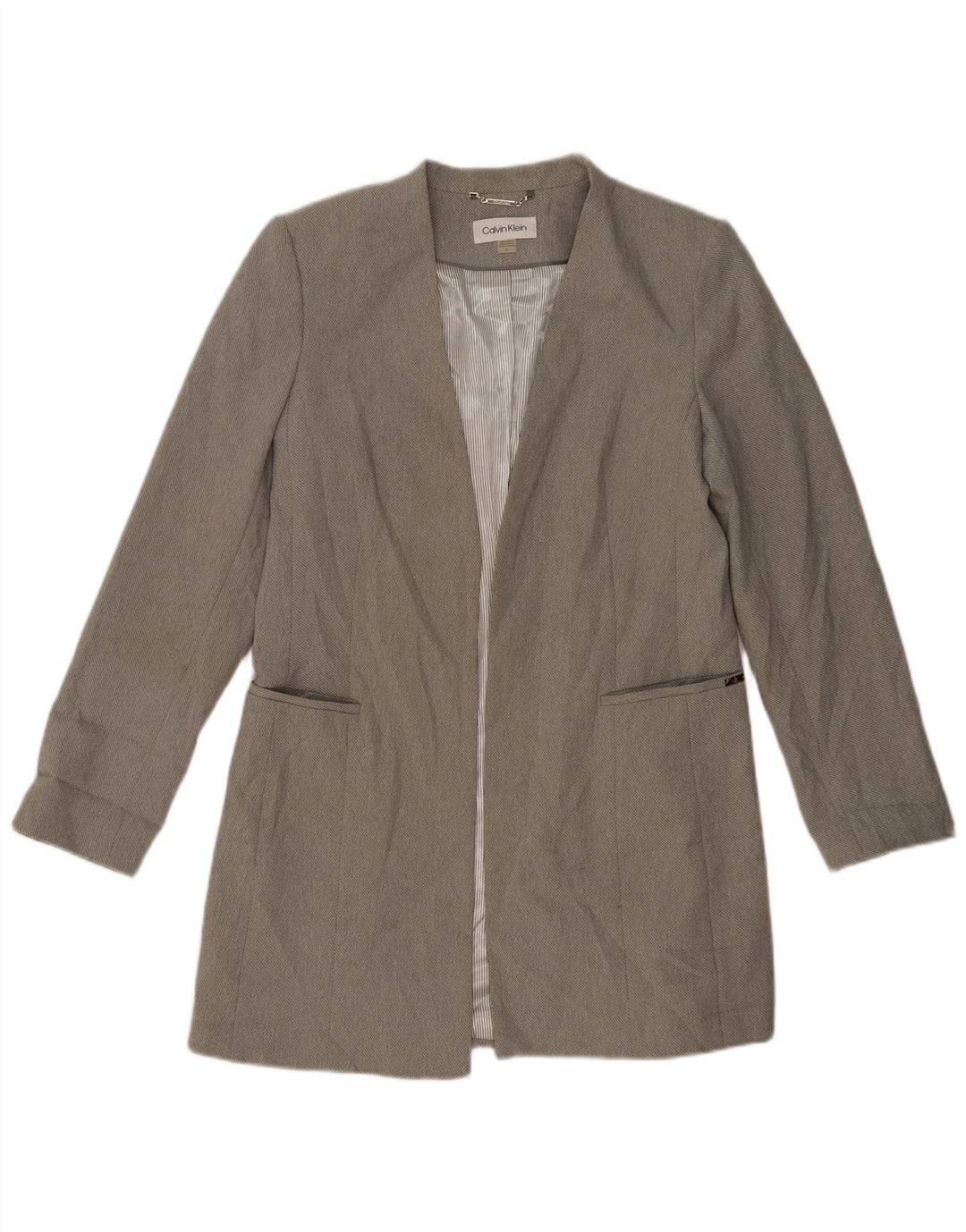 CALVIN KLEIN Chaqueta tipo blazer abierta larga para mujer US 12 Grande Gris Poliéster