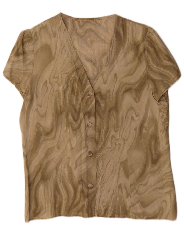 Vintage mujeres patrón abstracto manga corta camisa blusa Reino Unido 16 grande caqui