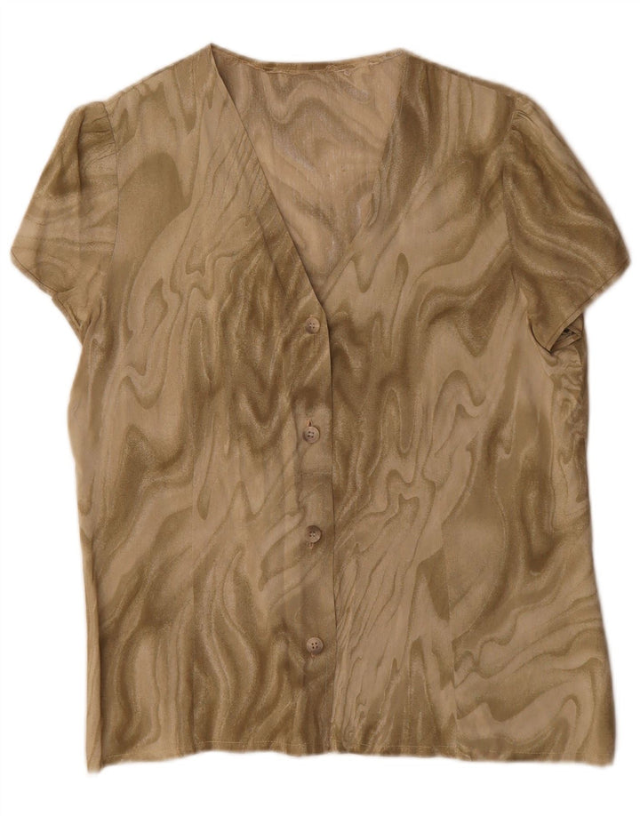 Vintage mujeres patrón abstracto manga corta camisa blusa Reino Unido 16 grande caqui