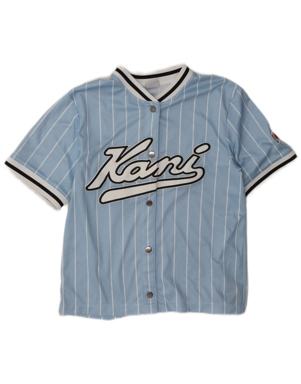 Karl Kani Top de punto gráfico extragrande para mujer UK 6 XS Azul a rayas