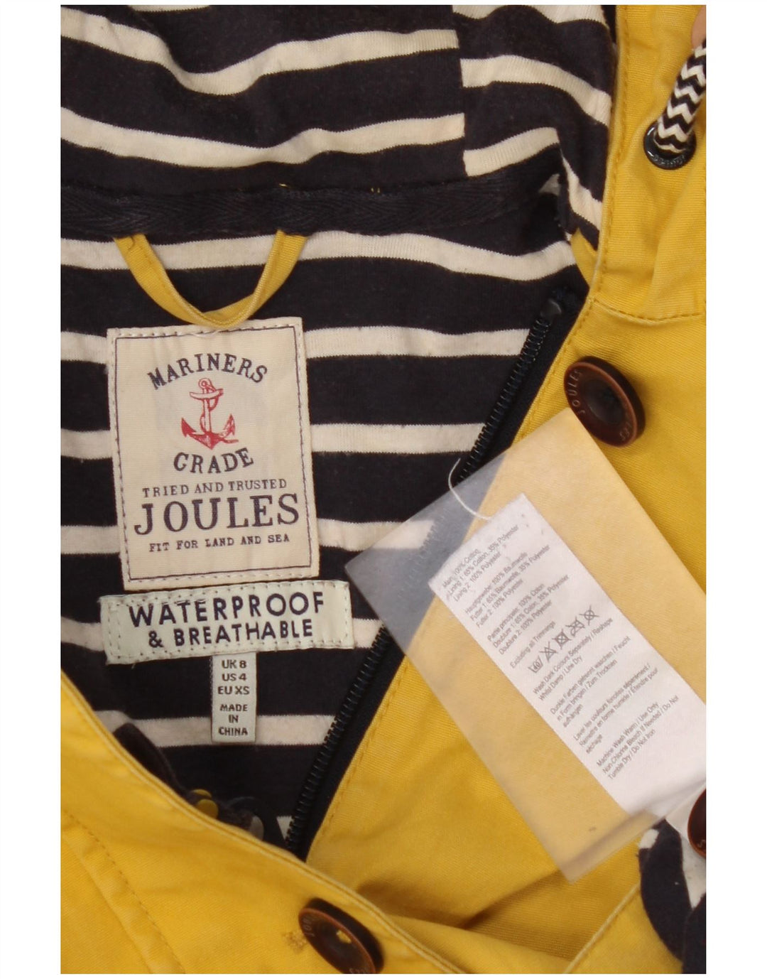 JOULES Chaqueta impermeable con capucha para mujer UK 8 Small Yellow Cotton
