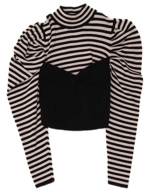 Zara Mujer Crop Top Manga Larga UK 42 Medio Viscosa Rayas Negras