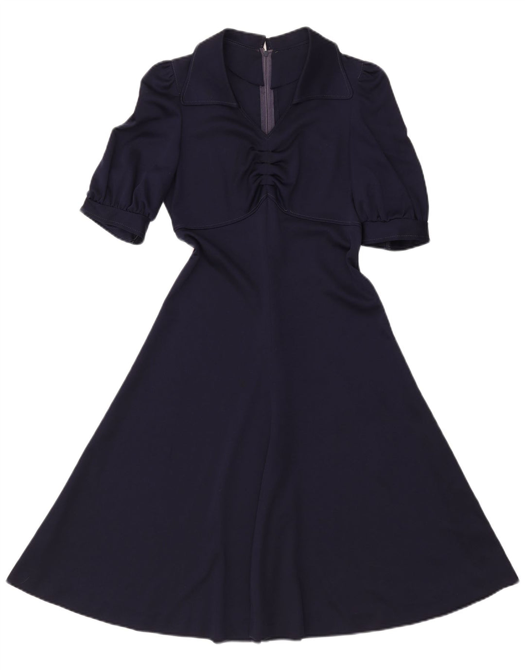 VINTAGE Mujer A-Line Vestido Reino Unido 8 Pequeño Poliéster Azul Marino