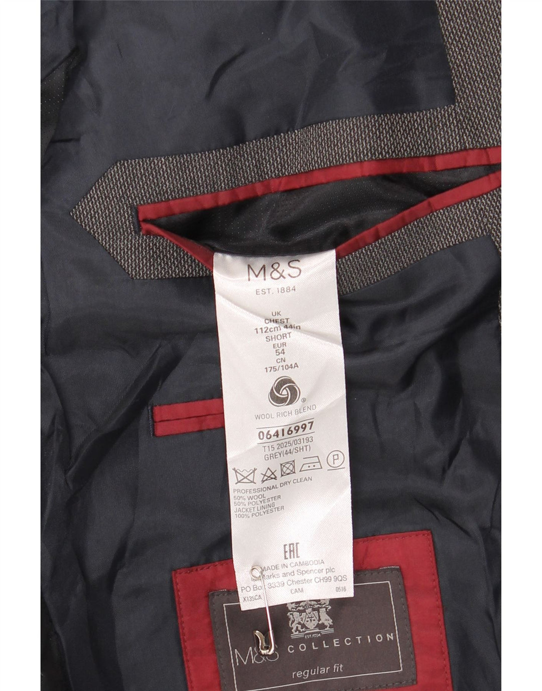 Marks & Spencer Chaqueta Blazer Corta de 2 Botones para Hombre UK 44 XL Lana Gris