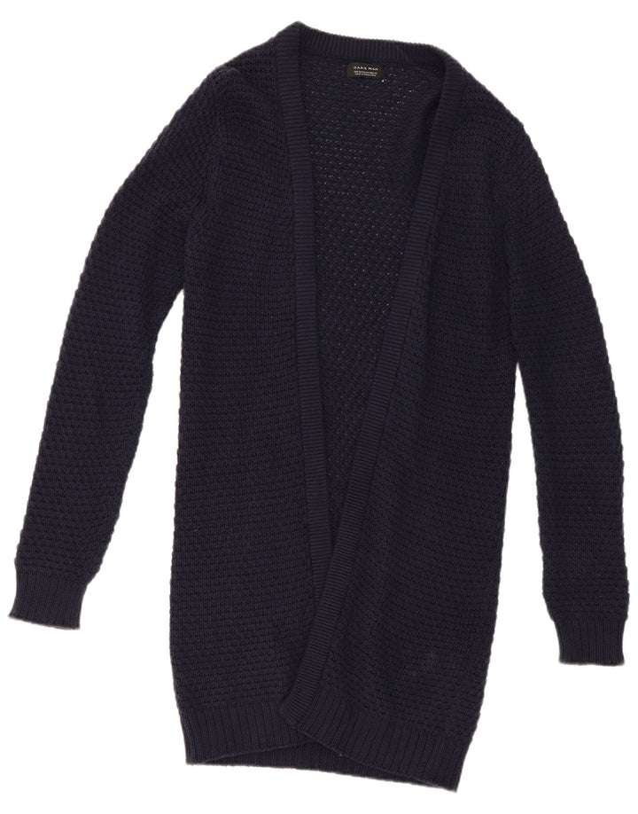 ZARA Hombre Jersey Cárdigan Abierto Mediano Azul Marino Algodón