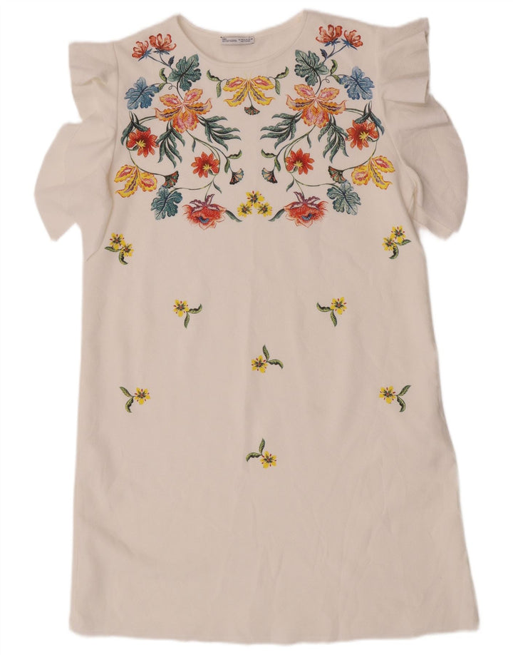 Zara Vestido recto para mujer UK 44 Poliéster floral blanco mediano