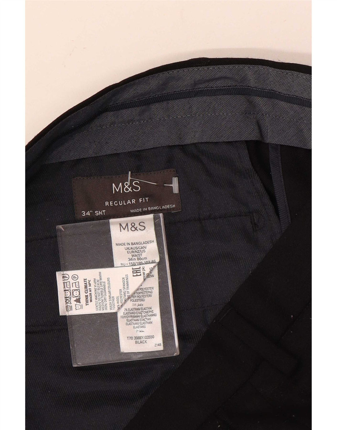 Marks & Spencer Pantalón chino de corte regular para hombre W34 L29 Lana negra