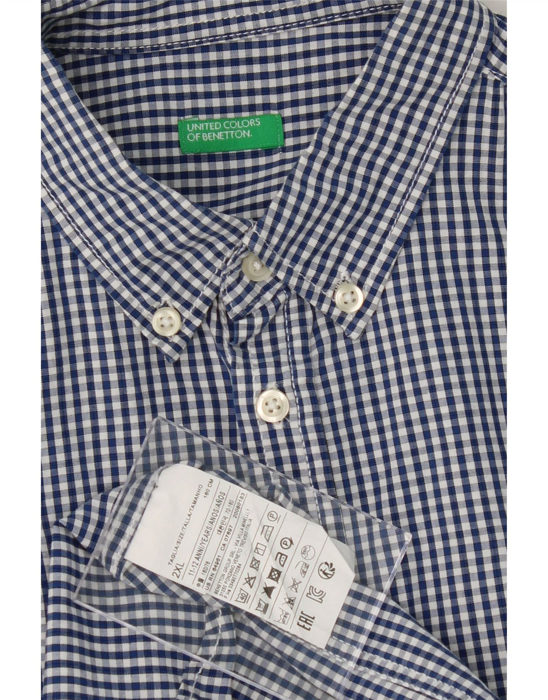 BENETTON Boys Shirt 11-12 Years 2XL Blue Gingham Cotton Vintage Benetton and Second-Hand Benetton from Messina Hembry 