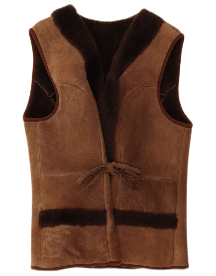 Vintage mujeres shearling gilet Reino Unido 10 pequeño marrón