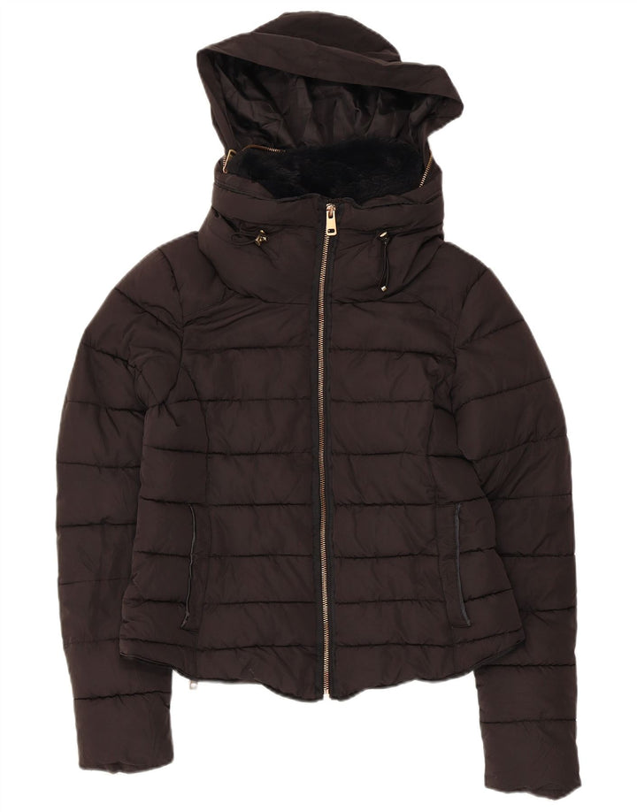 Zara Mujer Chaqueta Acolchada Con Capucha UK 10 Small Poliéster Negro