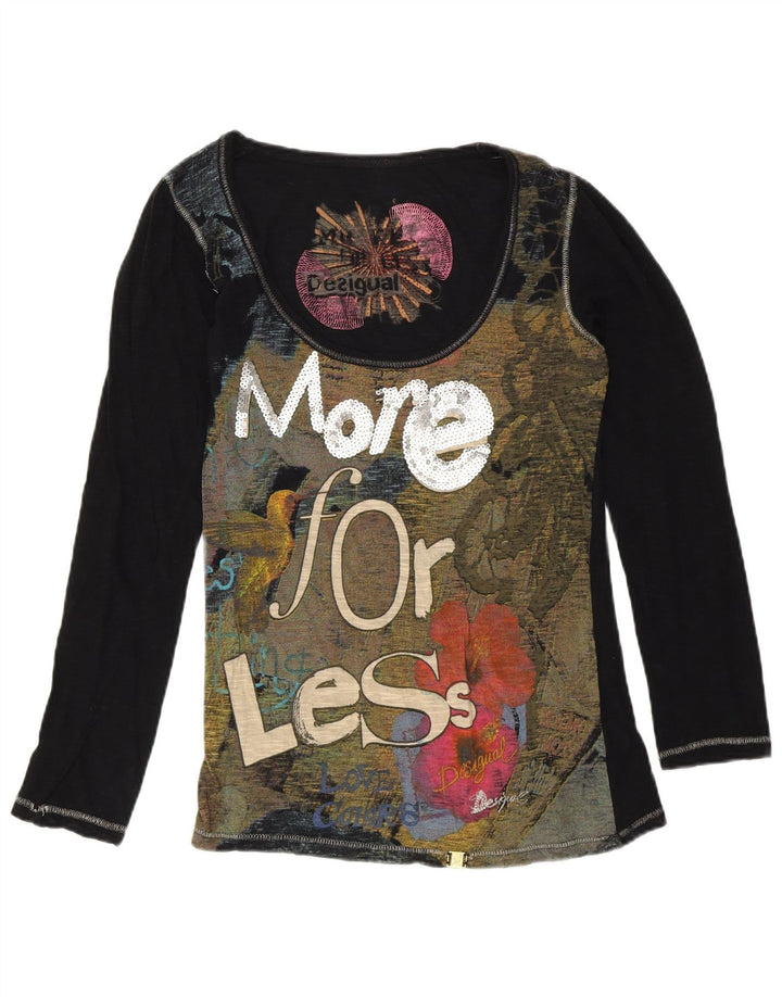 DESIGUAL Top gráfico para mujer de manga larga UK 12 Medium Black Designer