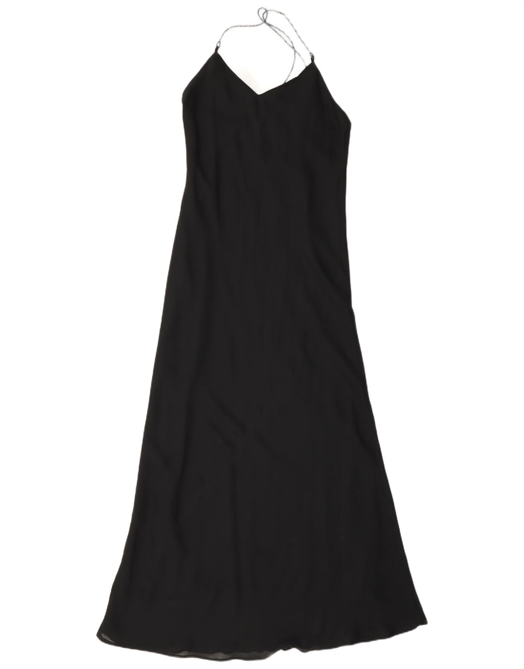 Vintage mujer Maxi Halter vestido Reino Unido 10 pequeño poliéster negro