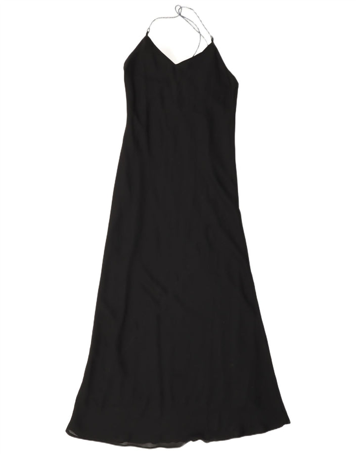 Vintage mujer Maxi Halter vestido Reino Unido 10 pequeño poliéster negro