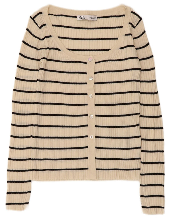 Zara Mujer Cárdigan Suéter UK 8 Small Beige Rayas Acrílico
