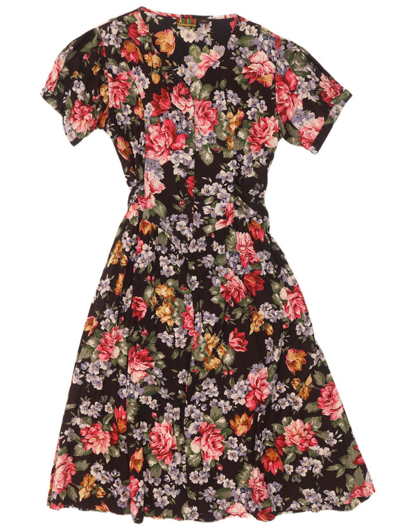 Vintage mujer A-Line vestido Reino Unido 18 XL negro floral viscosa