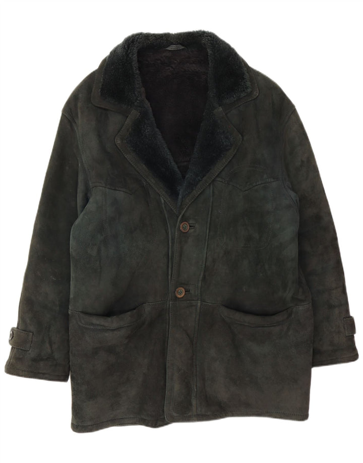 Chaqueta de piel de oveja vintage para hombre IT 48 Verde medio