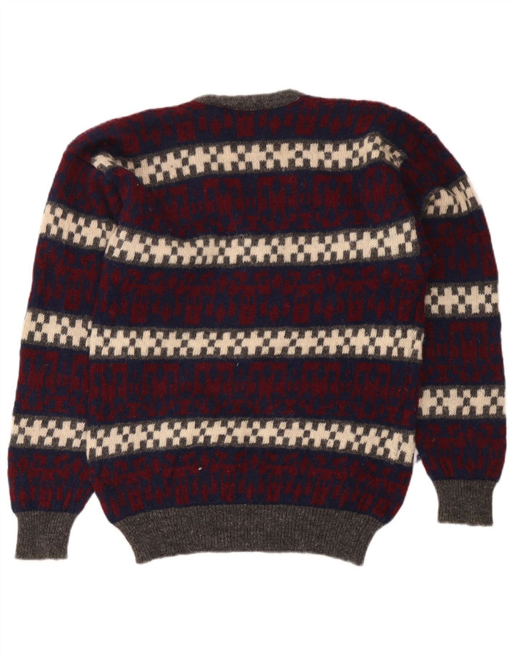 Vintage hombres V-cuello jumper suéter medio multicolor lana geométrica
