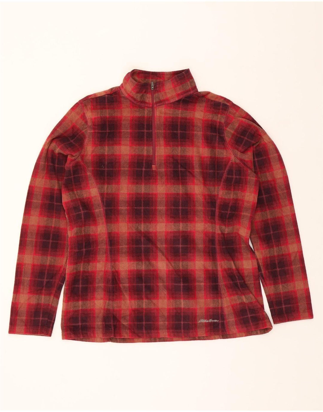 EDDIE BAUER Womens Zip Neck Fleece Jumper UK 16 Large Red Check Polyester Vintage Eddie Bauer and Second-Hand Eddie Bauer from Messina Hembry 