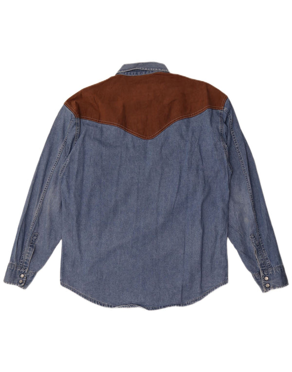 Camisa vaquera vintage para hombre, color azul medio, algodón con bloques de color