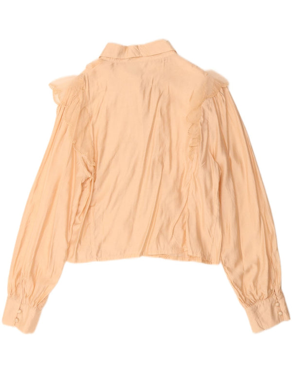 Vintage mujer crop volante camisa delantera blusa Reino Unido 14 viscosa beige medio