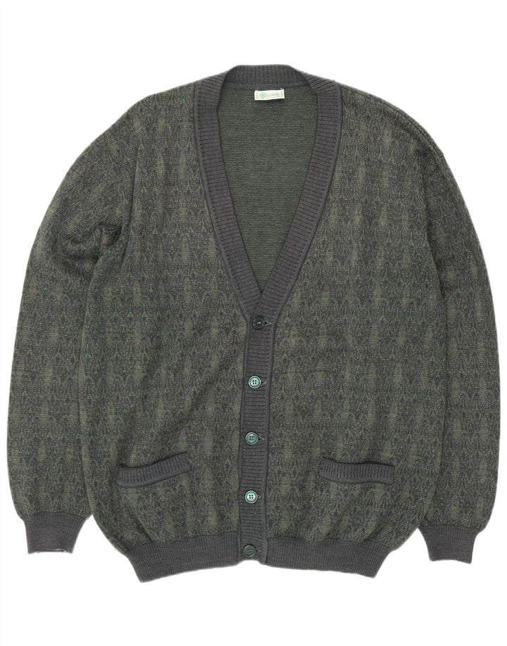 Vintage hombres Cardigan suéter grande verde lana geométrica
